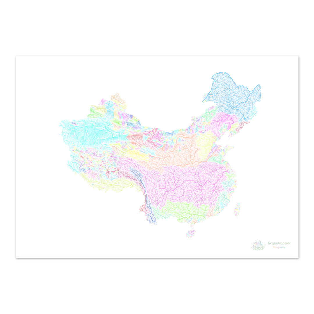 China y Taiwán - Mapa de la cuenca fluvial, pastel sobre blanco - Impresión de Bellas Artes