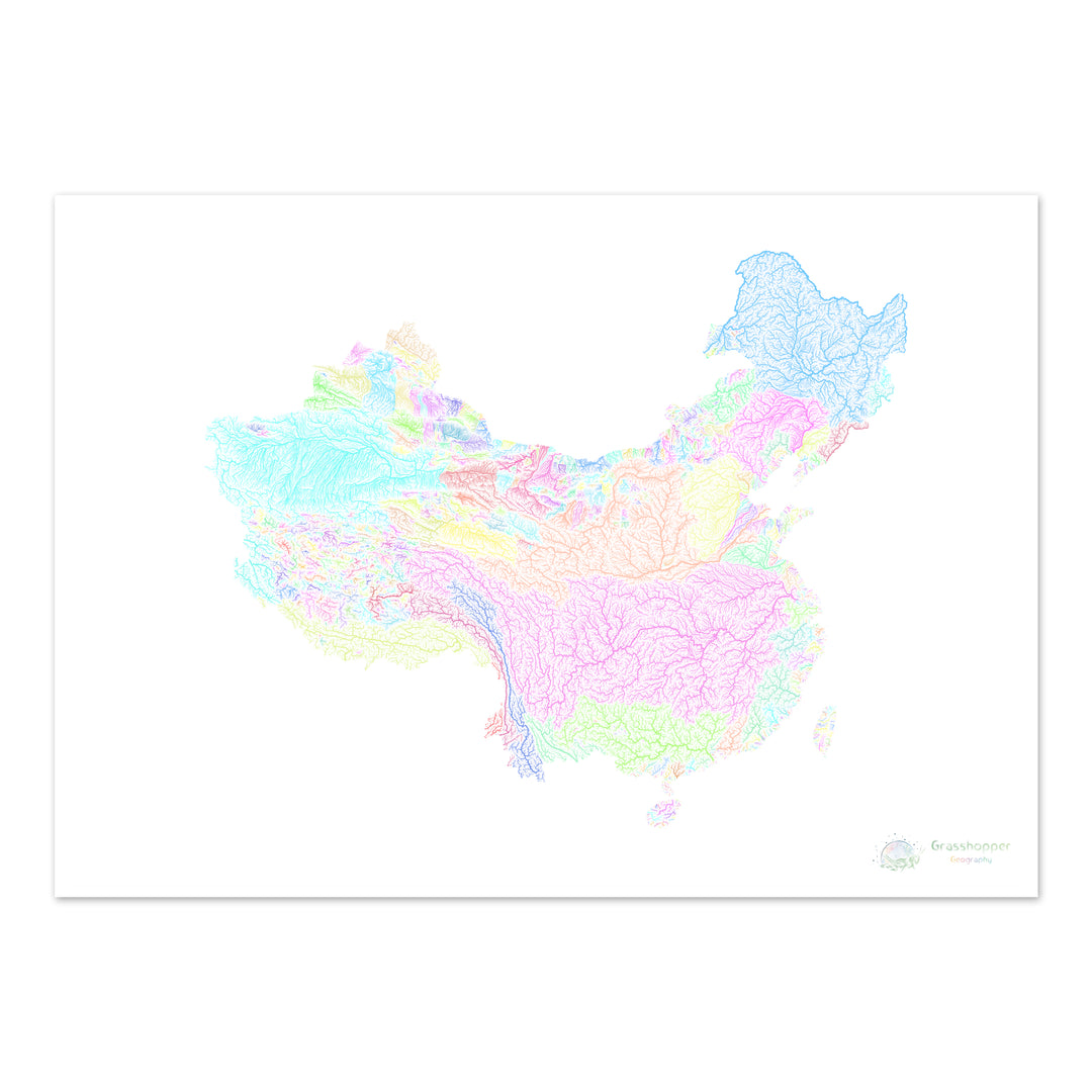 China and Taiwan - River basin map, pastel on white - Fine Art Print