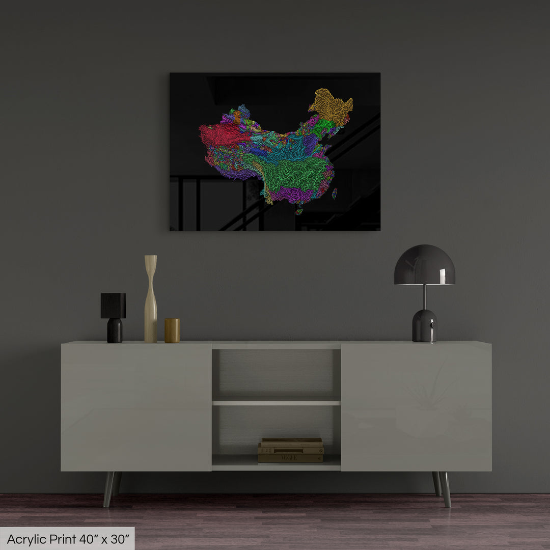 China and Taiwan - River basin map, rainbow colours - Wall Art