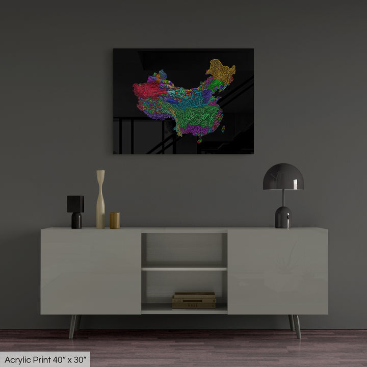 China and Taiwan - River basin map, rainbow colours - Wall Art