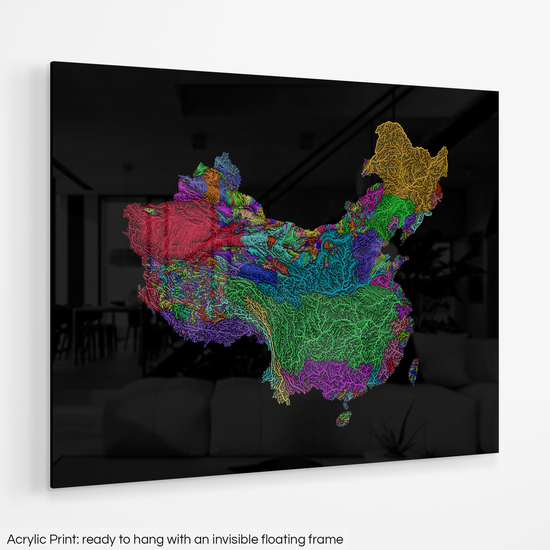 China and Taiwan - River basin map, rainbow colours - Wall Art