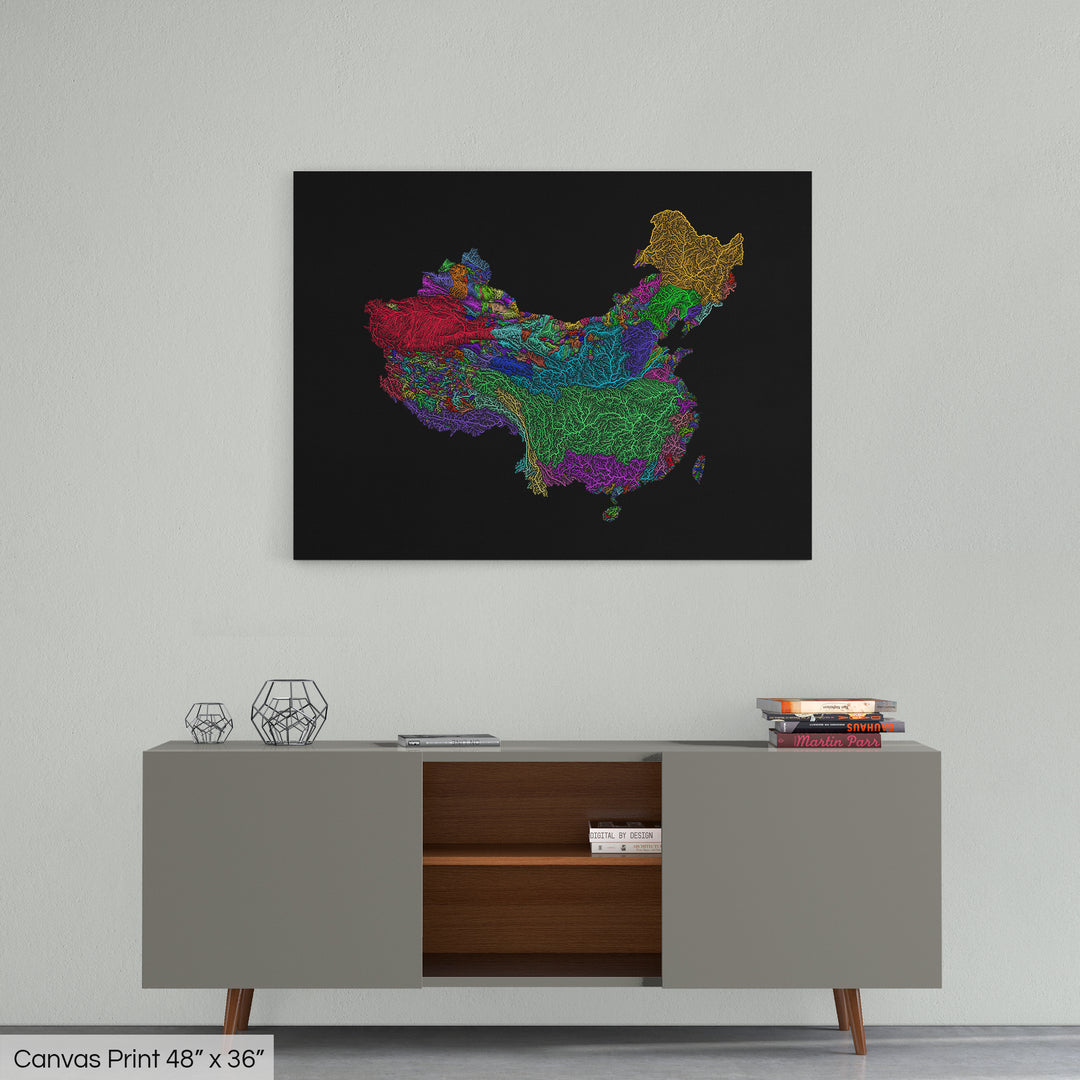 China and Taiwan - River basin map, rainbow colours - Wall Art