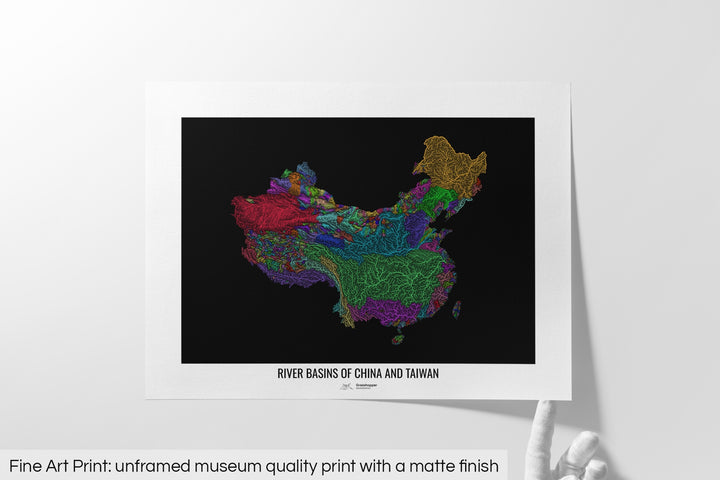 China and Taiwan - River basin map, rainbow colours - Wall Art
