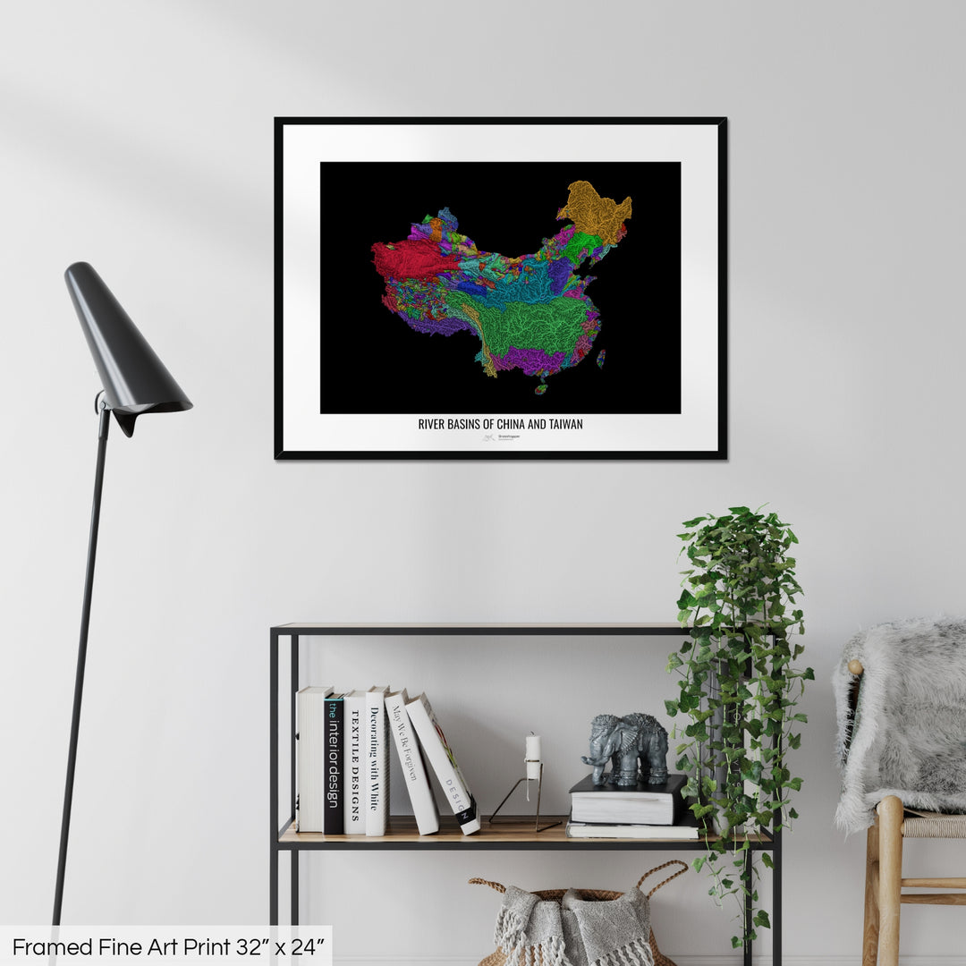 China and Taiwan - River basin map, rainbow colours - Wall Art