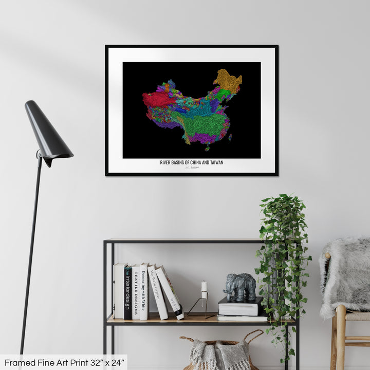China and Taiwan - River basin map, rainbow colours - Wall Art