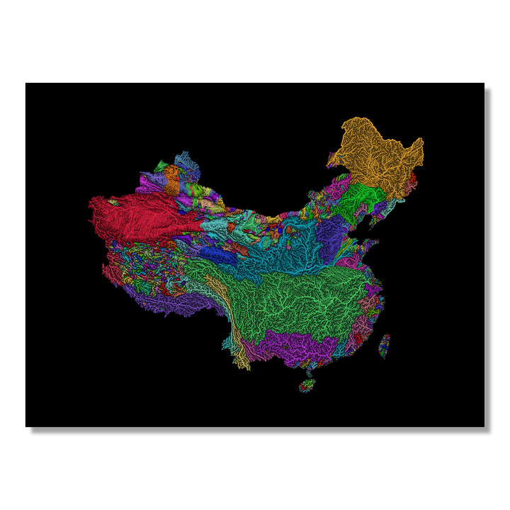 China and Taiwan - River basin map, rainbow colours - Wall Art