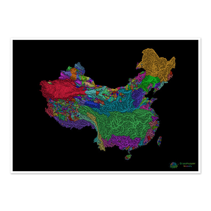 China y Taiwán - Mapa de cuencas fluviales, arco iris sobre negro - Impresión de bellas artes