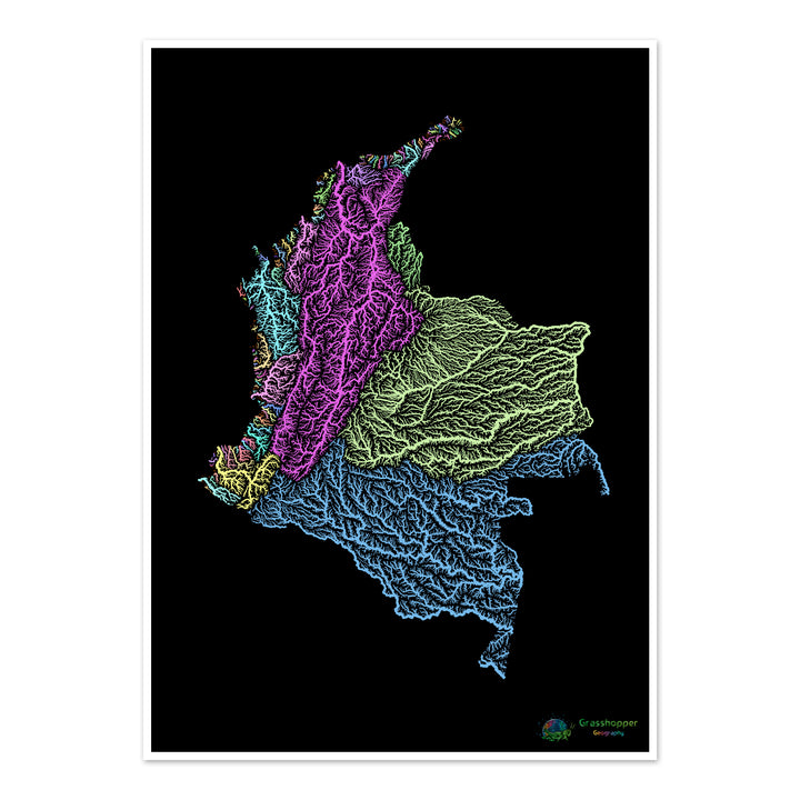 Colombia - Mapa de la cuenca hidrográfica, pastel sobre negro - Impresión de Bellas Artes
