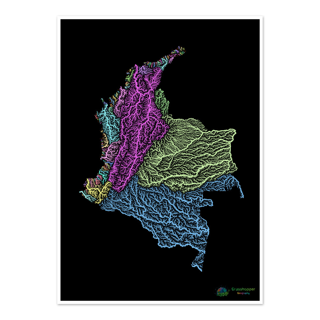 Colombia - River basin map, pastel on black - Fine Art Print