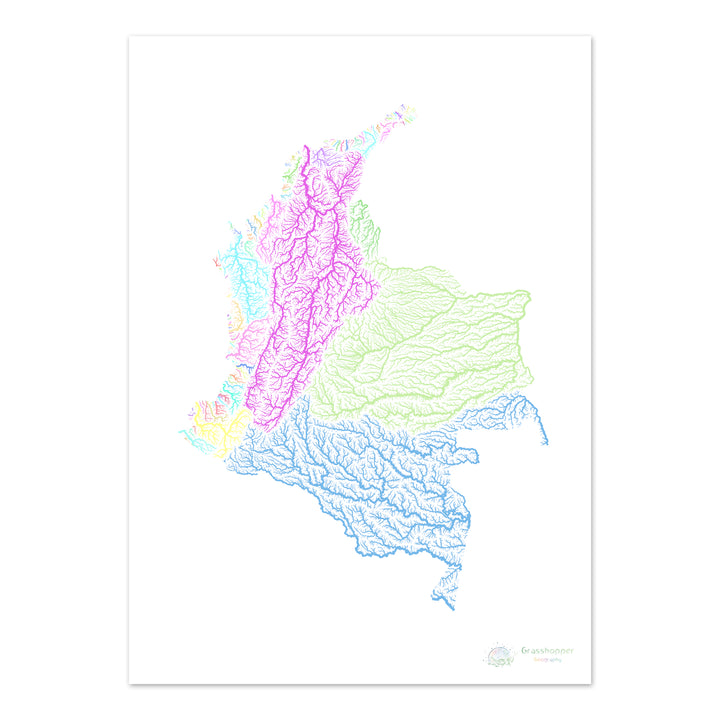 River basin map of Colombia, pastel colours on white - Fine Art Print