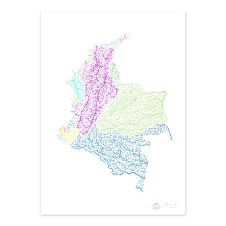 Kolumbien - Flussgebietskarte, Pastell auf Weiß - Fine Art Print