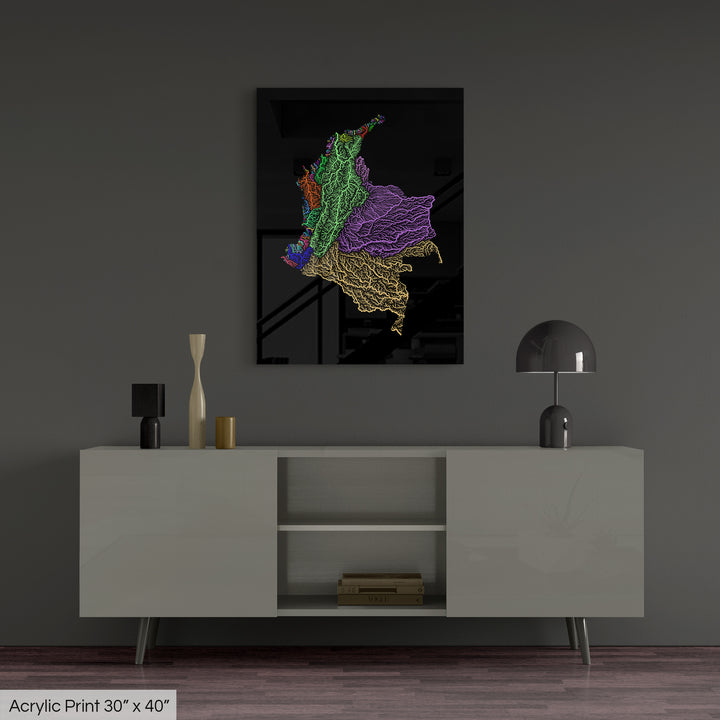 Colombia - River basin map, rainbow colours - Wall Art