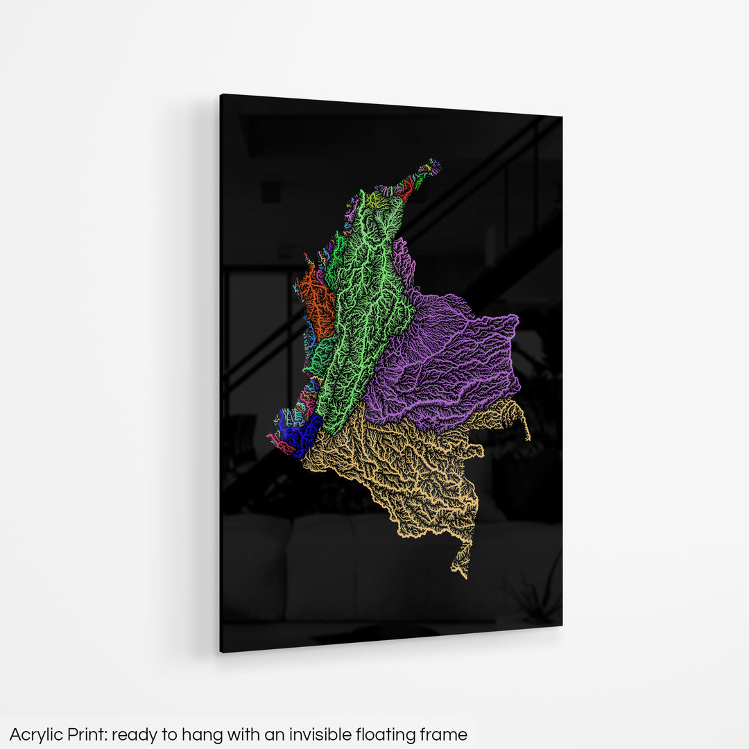 Colombia - River basin map, rainbow colours - Wall Art