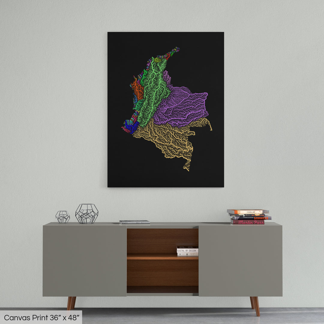 Colombia - River basin map, rainbow colours - Wall Art