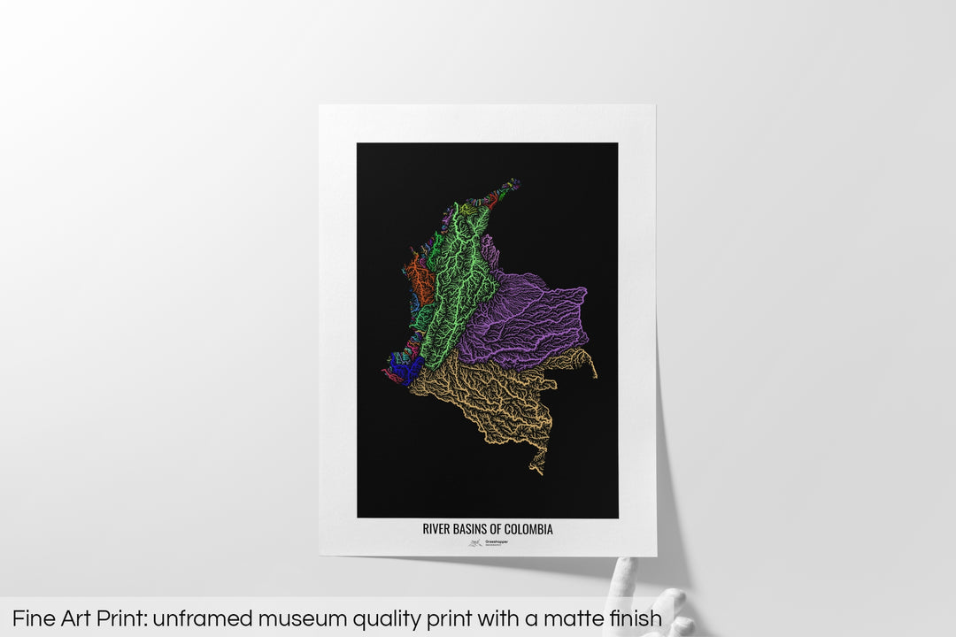 Colombia - River basin map, rainbow colours - Wall Art