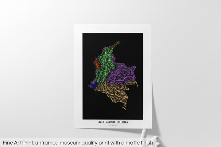 Colombia - River basin map, rainbow colours - Wall Art