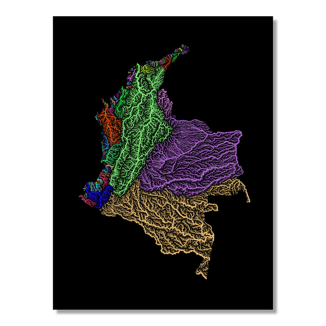 Colombia - River basin map, rainbow colours - Wall Art
