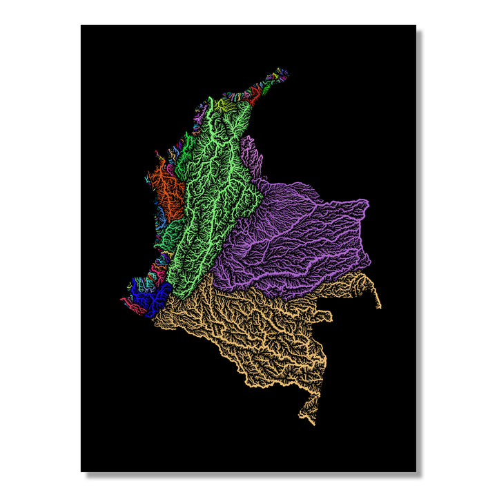 Colombia - River basin map, rainbow colours - Wall Art
