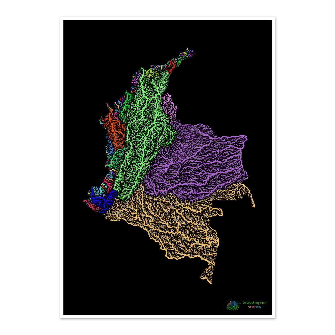 Colombie - Carte des bassins fluviaux, arc-en-ciel sur noir - Fine Art Print