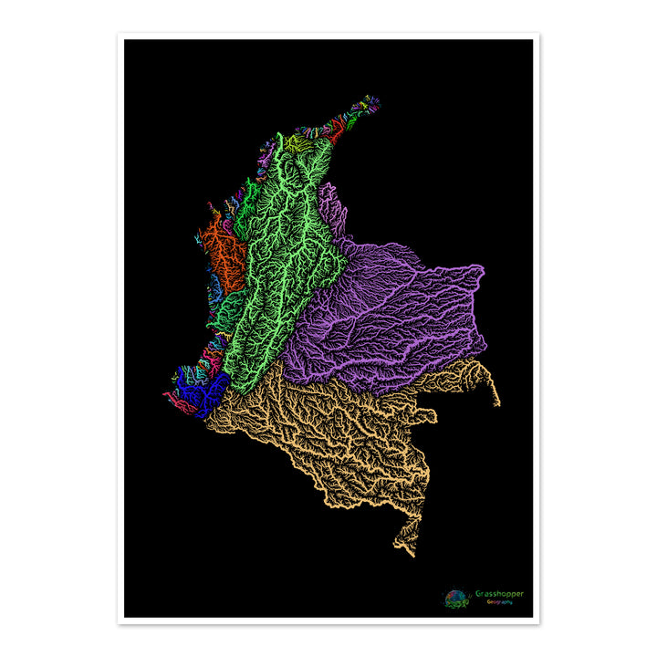 Colombia - River basin map, rainbow on black - Fine Art Print