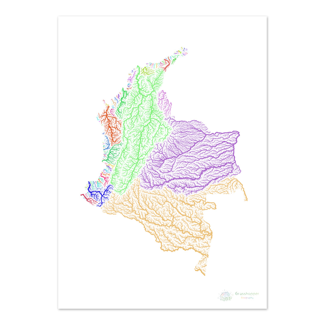 River basin map of Colombia, rainbow colours on white Fine Art Print