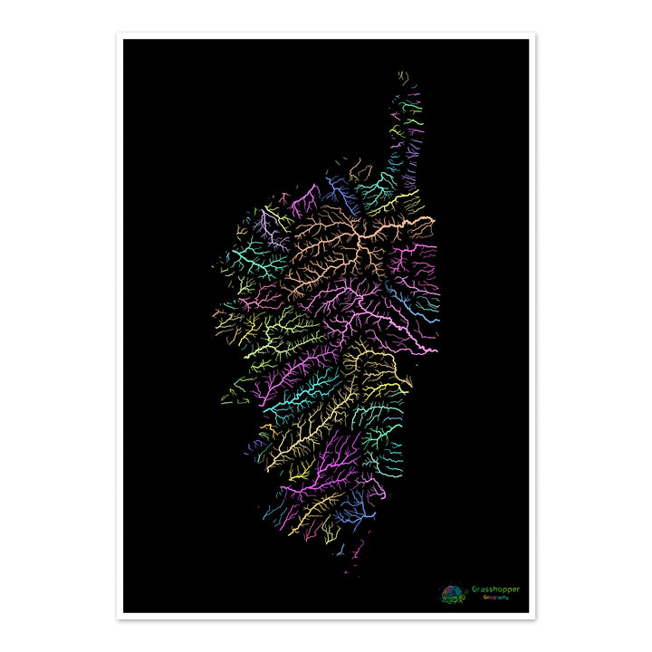 Corsica - River basin map, pastel on black - Fine Art Print