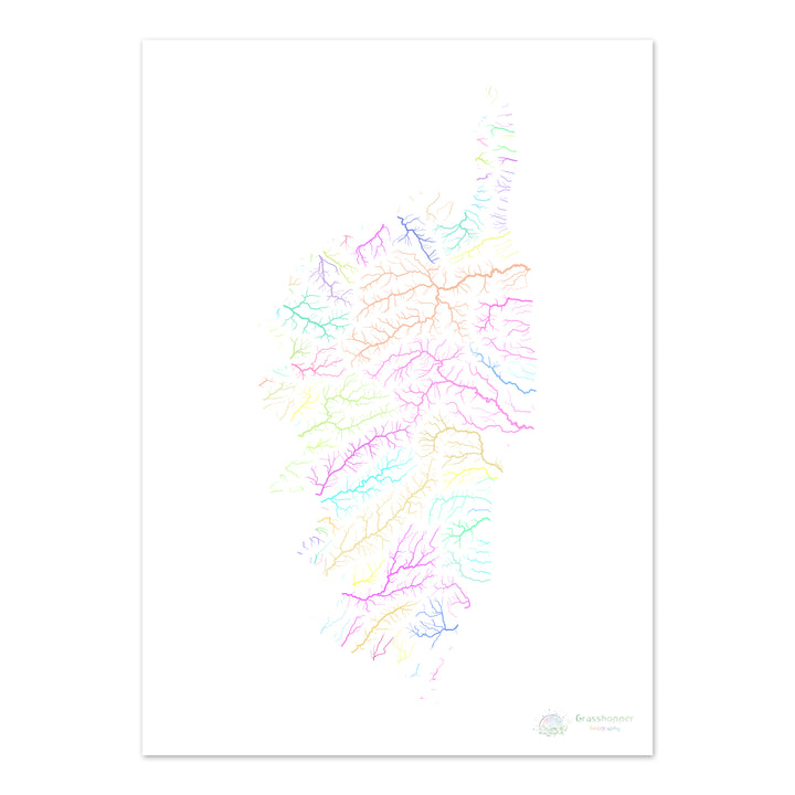 River basin map of Corsica, pastel colours on white - Fine Art Print