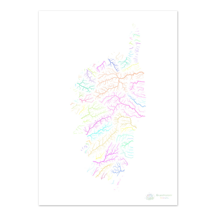 Korsika - Flussgebietskarte, Pastell auf Weiß - Fine Art Print