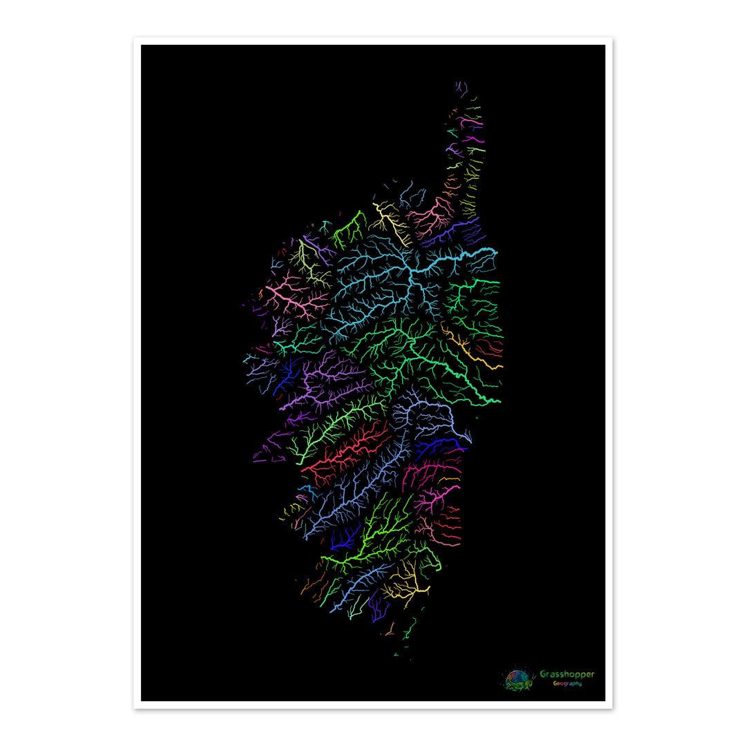 River basin map of Corsica, rainbow colours on black - Fine Art Print