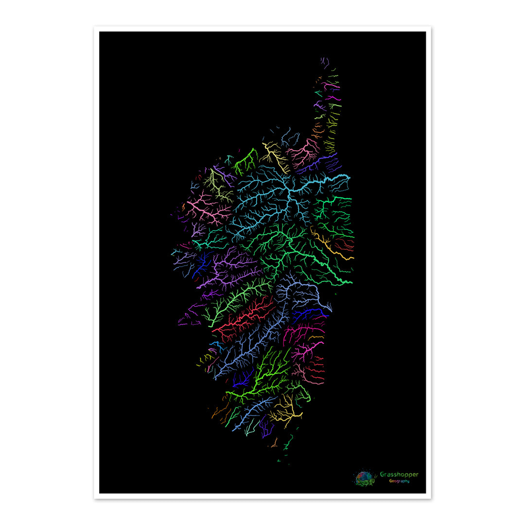 Córcega - Mapa de la cuenca fluvial, arco iris sobre negro - Impresión de Bellas Artes
