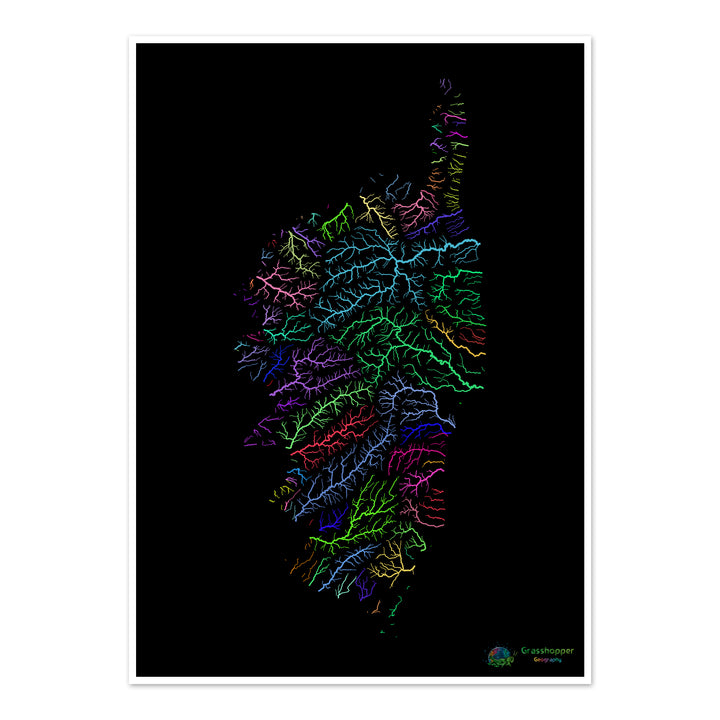 River basin map of Corsica, rainbow colours on black - Fine Art Print