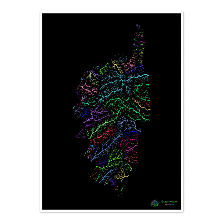 Córcega - Mapa de la cuenca fluvial, arco iris sobre negro - Impresión de Bellas Artes