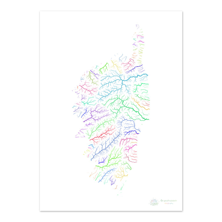 River basin map of Corsica, rainbow colours on white Fine Art Print