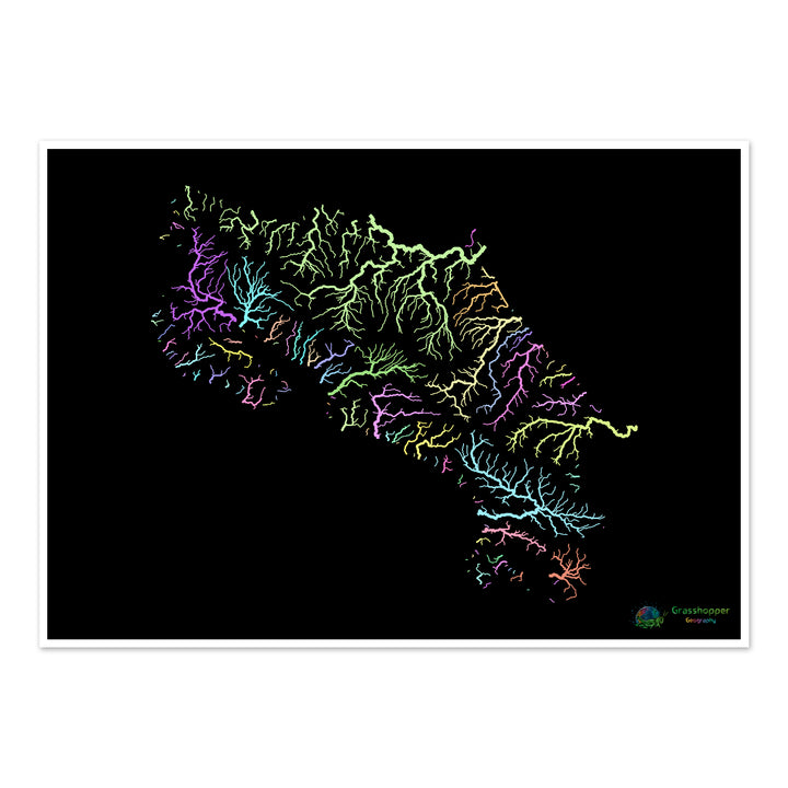 Costa Rica - Carte des bassins fluviaux, pastel sur noir - Fine Art Print