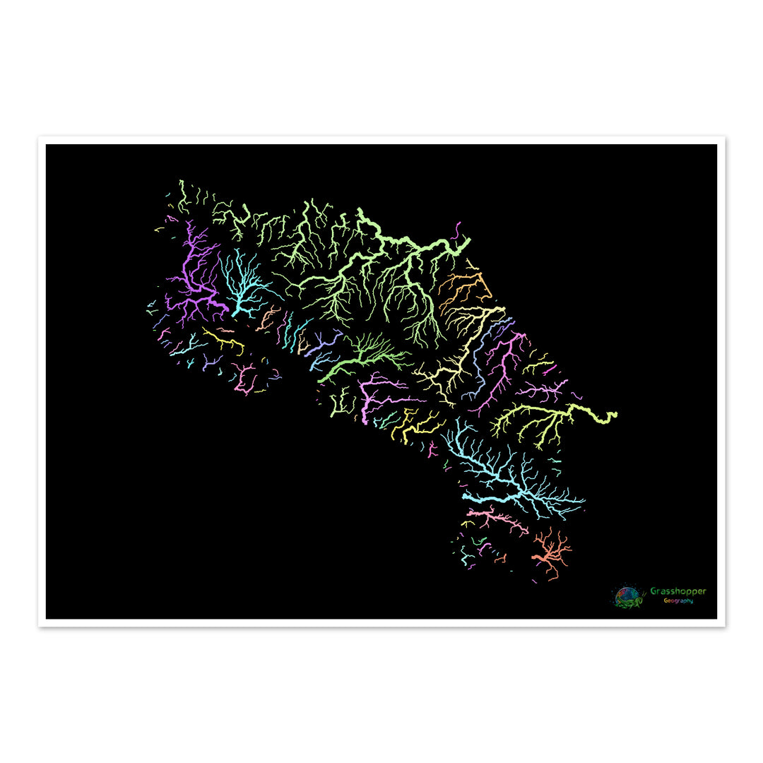 Costa Rica - Flussgebietskarte, Pastell auf Schwarz - Fine Art Print