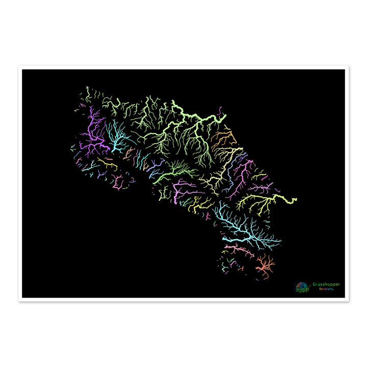 Costa Rica - Flussgebietskarte, Pastell auf Schwarz - Fine Art Print