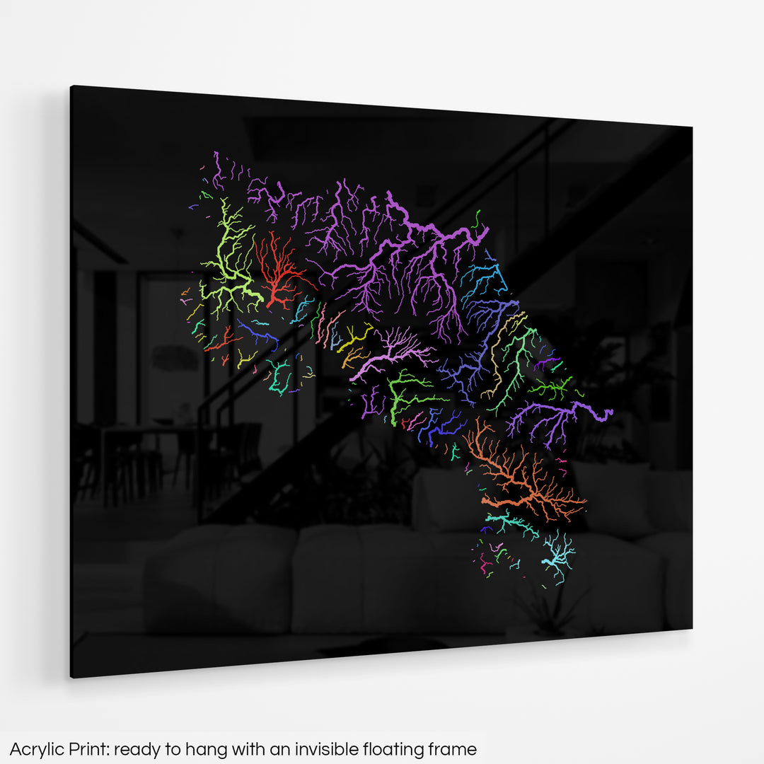 Costa Rica - River basin map, rainbow colours - Wall Art