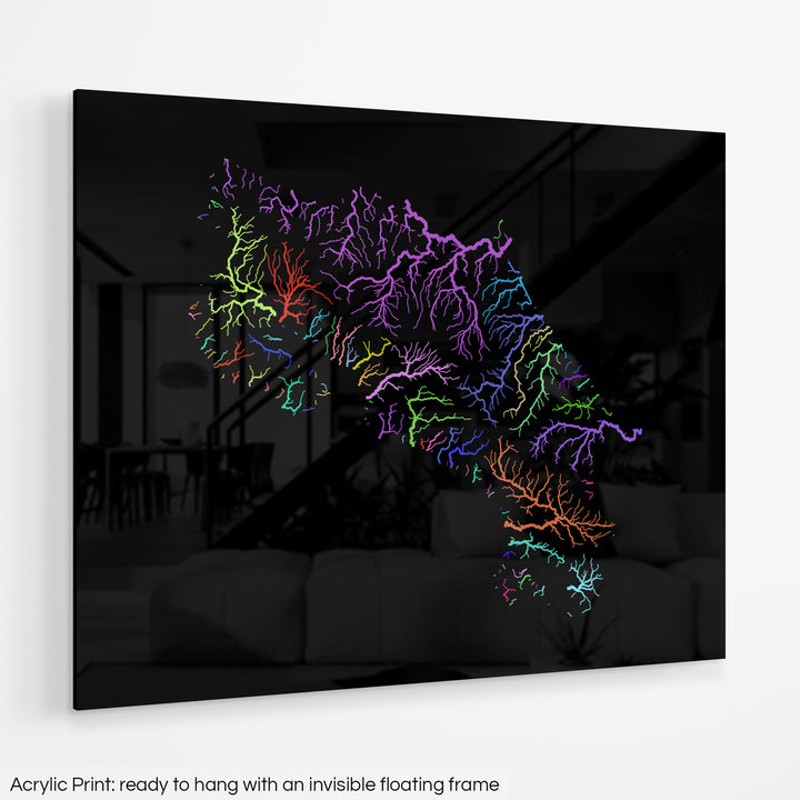 Costa Rica - River basin map, rainbow colours - Wall Art