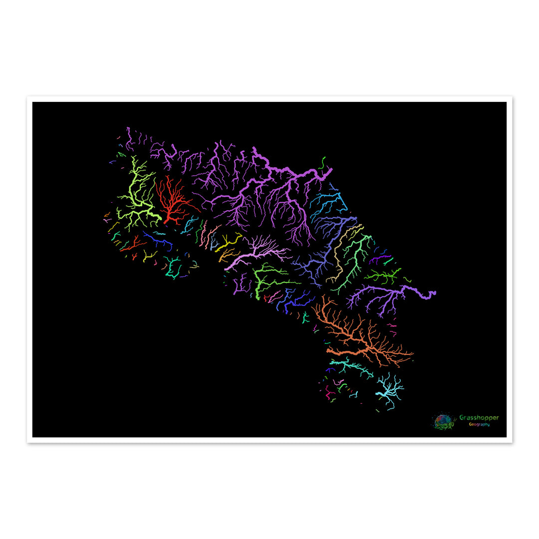 Costa Rica - Carte des bassins fluviaux, arc-en-ciel sur noir - Fine Art Print