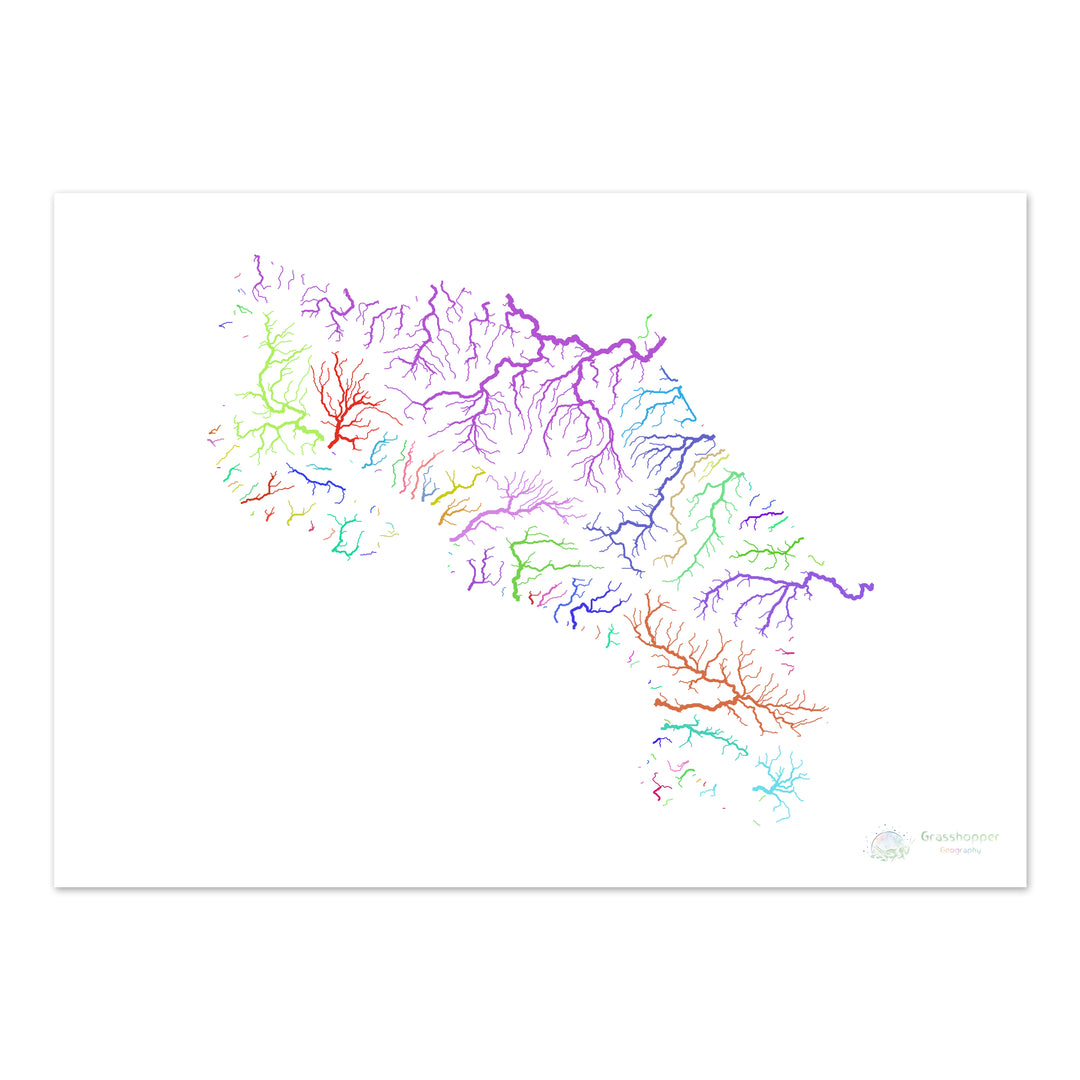 Costa Rica - Carte des bassins fluviaux, arc-en-ciel sur blanc - Fine Art Print