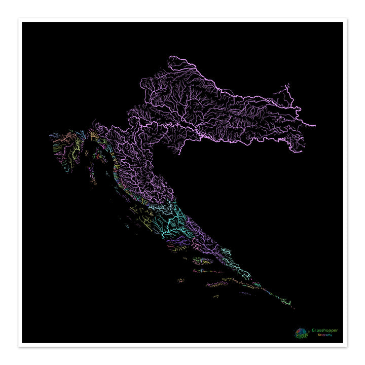 Kroatien - Flussgebietskarte, Pastell auf Schwarz - Fine Art Print