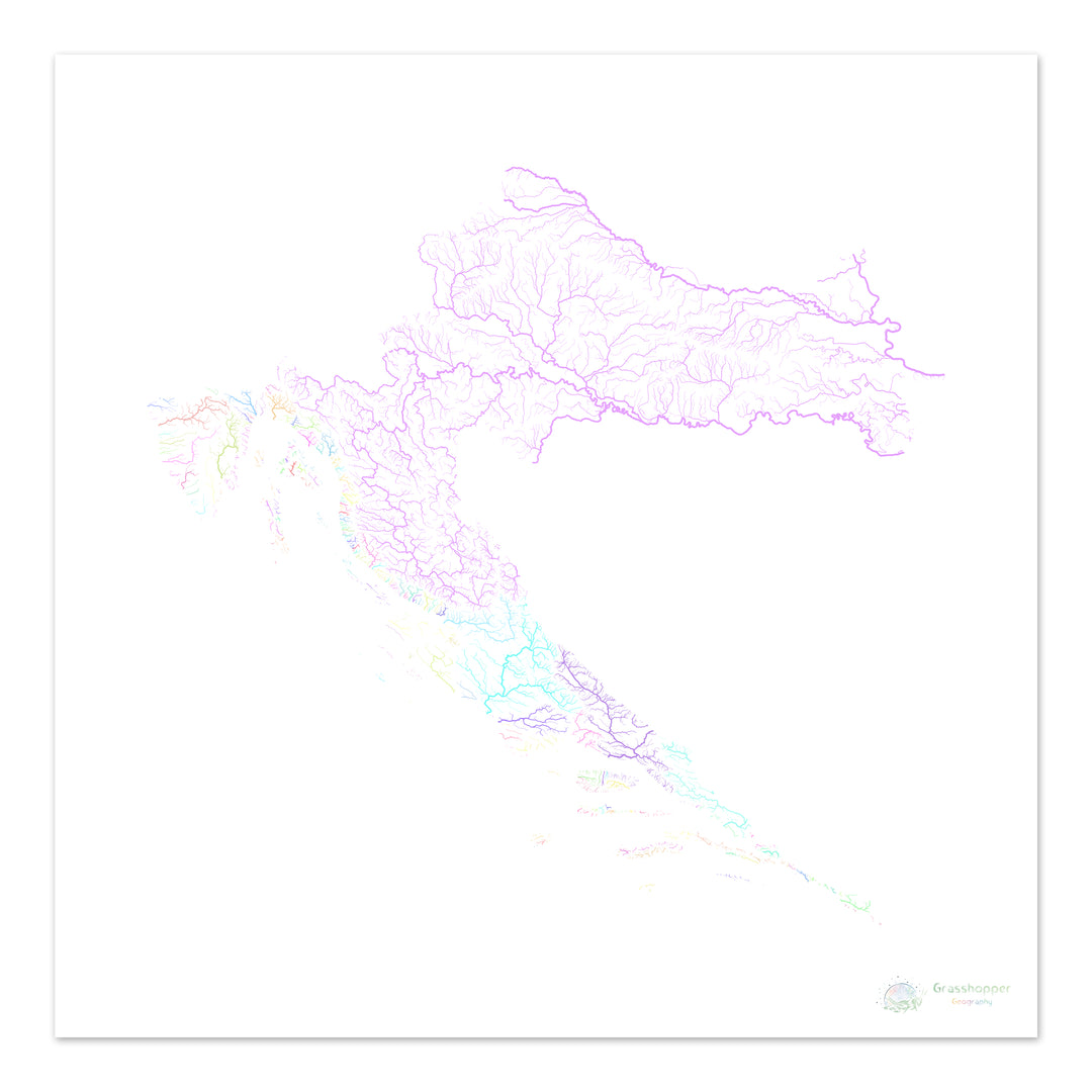 River basin map of Croatia, pastel colours on white - Fine Art Print