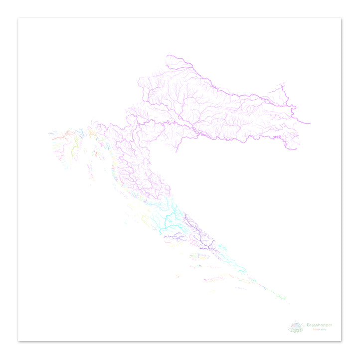 Kroatien - Flussgebietskarte, Pastell auf Weiß - Fine Art Print