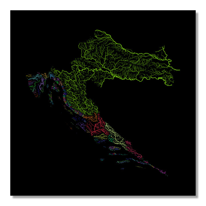 Croatia - River basin map, rainbow colours - Wall Art