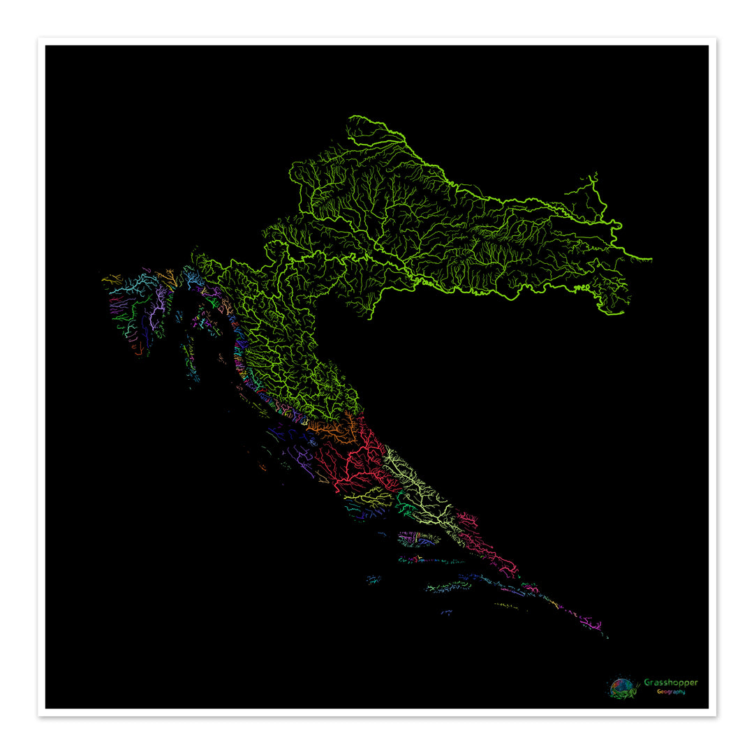 Croacia - Mapa de la cuenca fluvial, arco iris sobre negro - Impresión de bellas artes