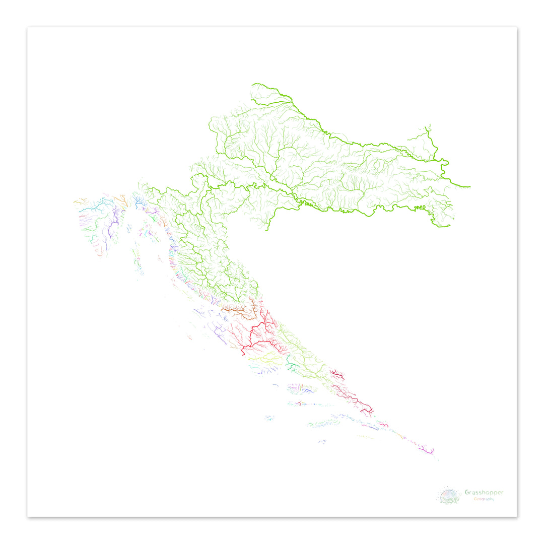 Croatie - Carte des bassins fluviaux, arc-en-ciel sur blanc - Fine Art Print