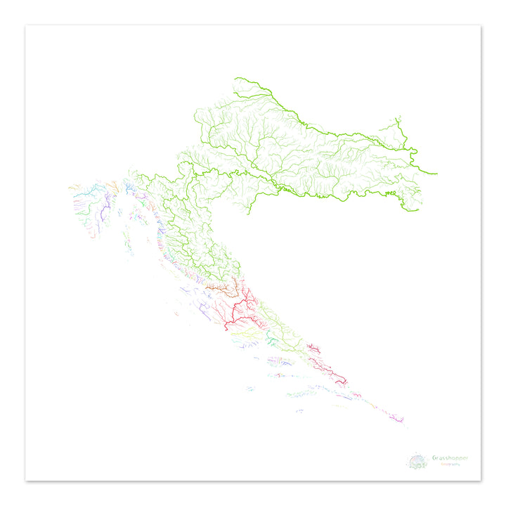 Croacia - Mapa de la cuenca fluvial, arco iris sobre blanco - Impresión de Bellas Artes