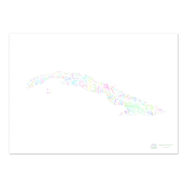 Cuba - Carte des bassins fluviaux, pastel sur blanc - Fine Art Print