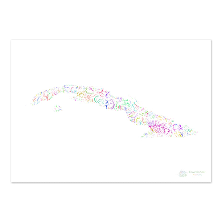 Cuba - Mapa de cuencas fluviales, arco iris sobre blanco - Impresión de Bellas Artes