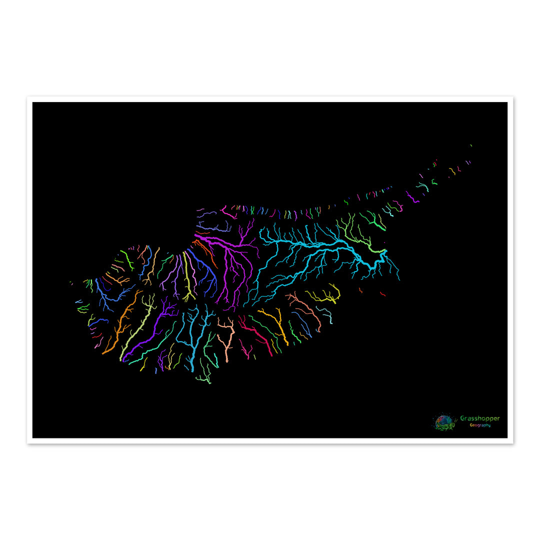 Chipre - Mapa de la cuenca fluvial, arco iris sobre negro - Impresión de bellas artes